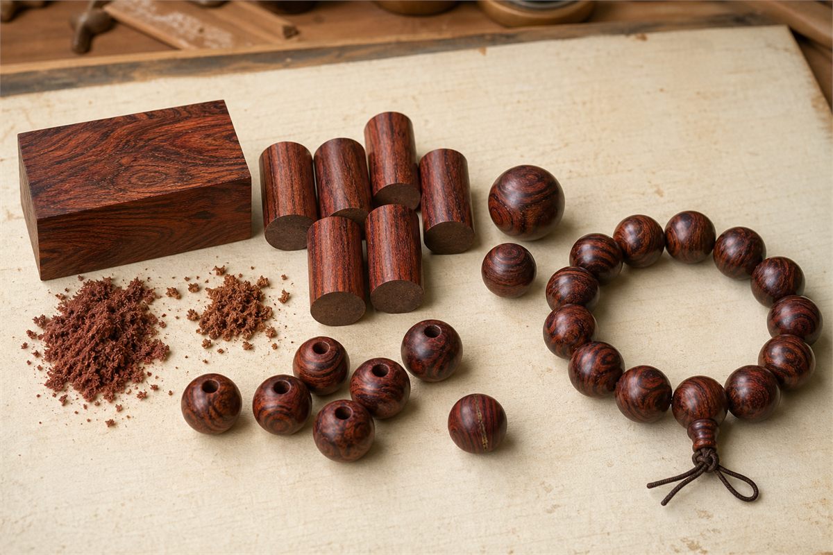 Figured heartwood blank, rough bead blanks, drilled beads, repair example, and finished bracelet