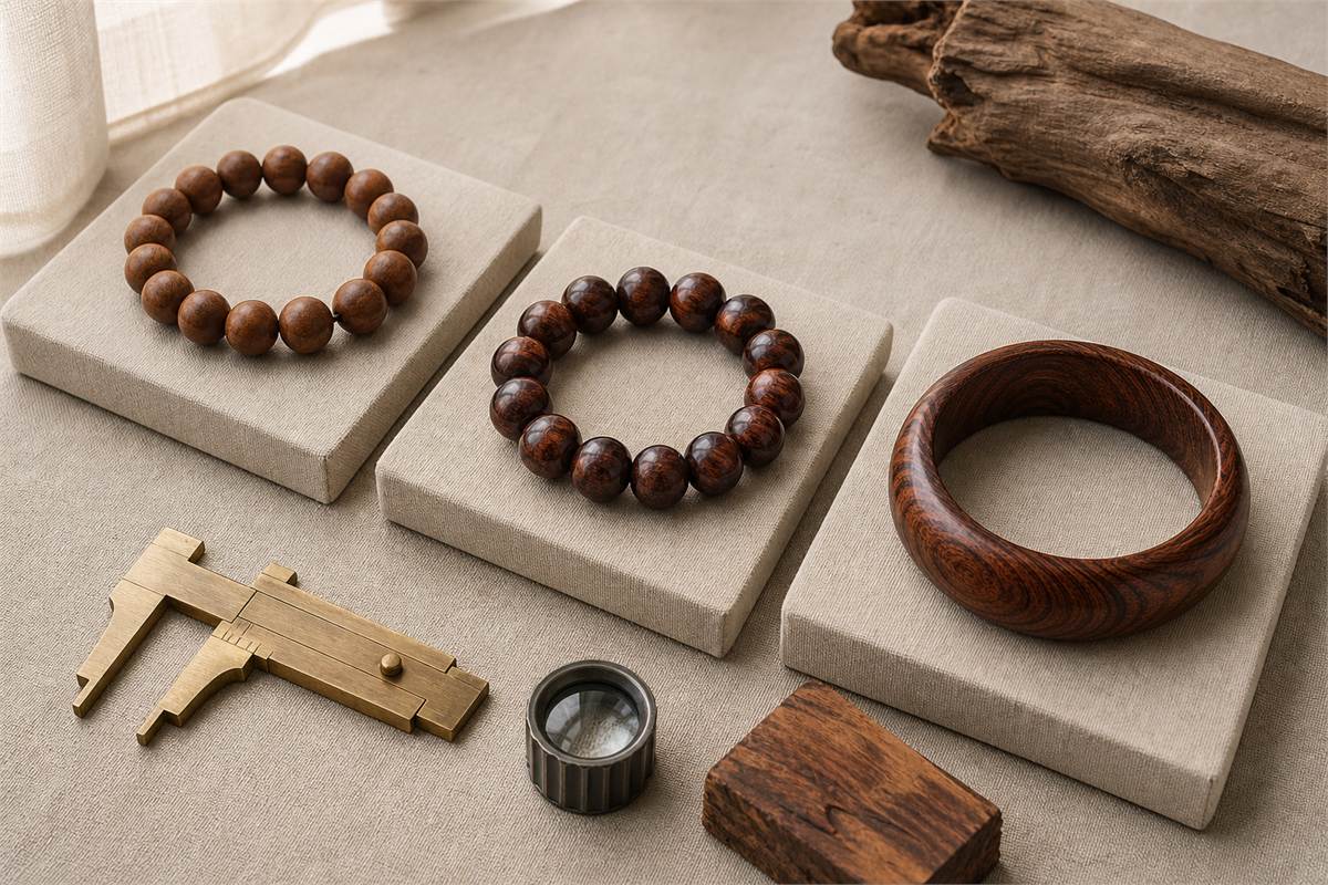Three Huanghuali-style bracelets of different grain and construction beside a caliper, loupe, and wood sample