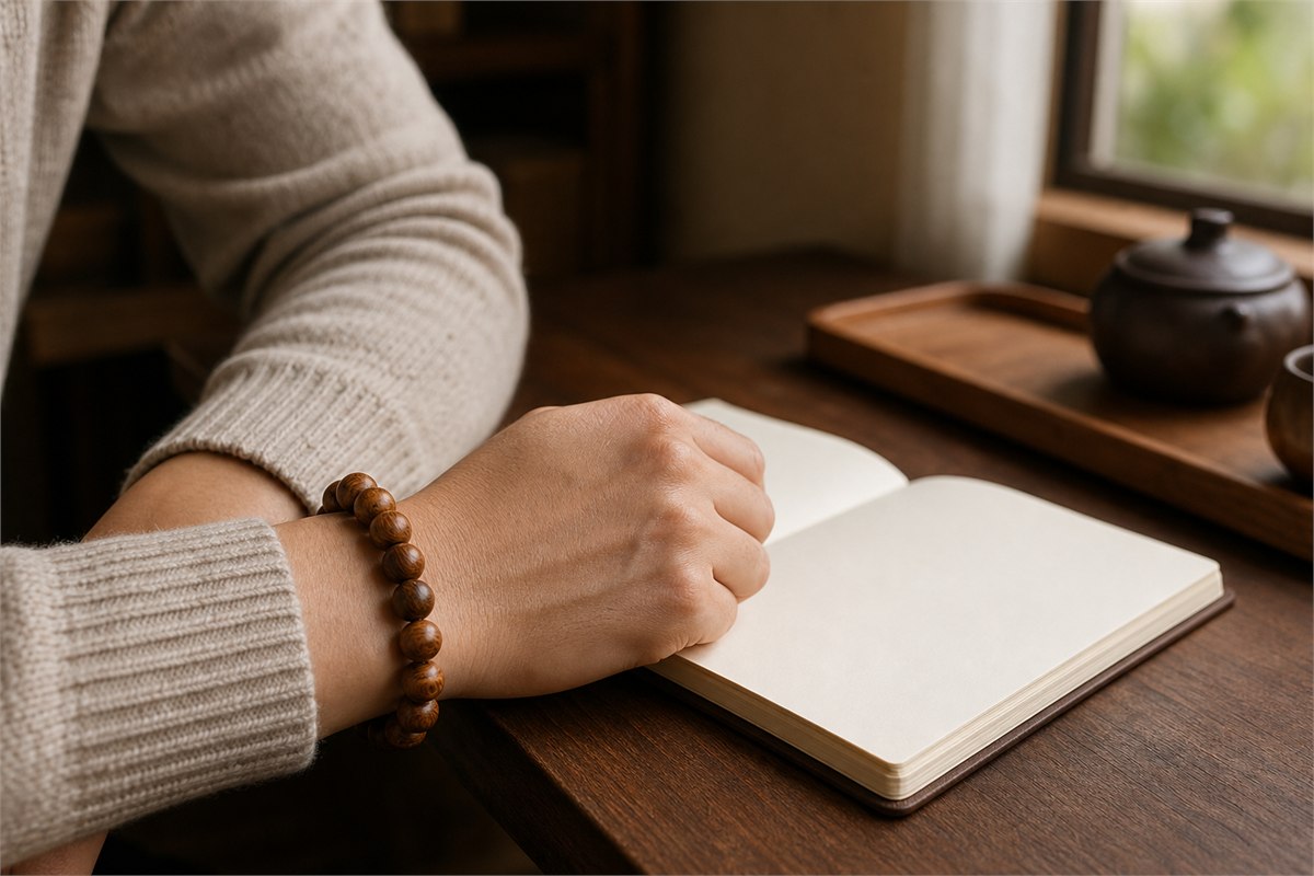 Wood bead bracelet worn on an adult left wrist beside an open notebook
