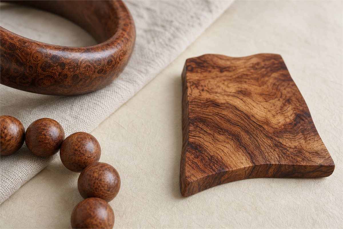 Burl-figured bangle, flowing landscape-like wood sample, and subtly speckled round beads