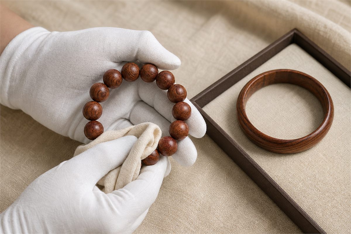 Cotton-gloved hands gently wiping a complete wood bead bracelet with a soft cloth beside a bangle in a tray
