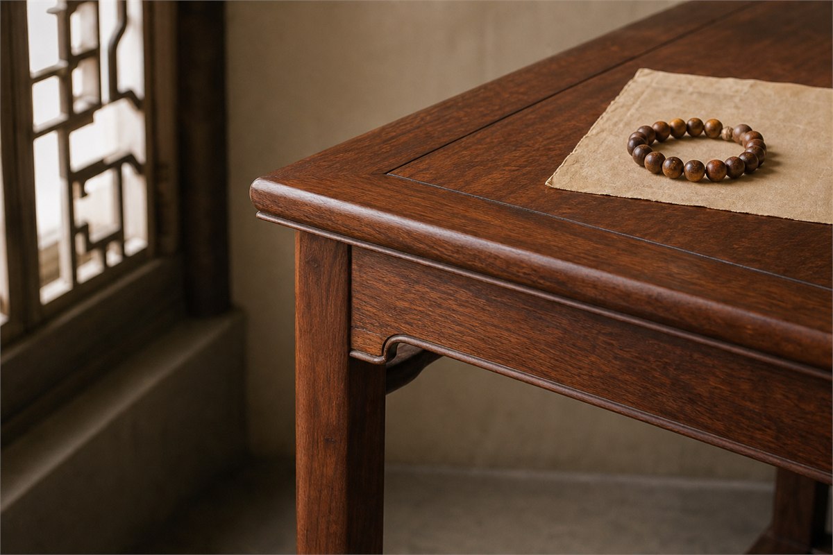 Figured wood bead bracelet resting on an intact Ming-inspired hardwood table corner