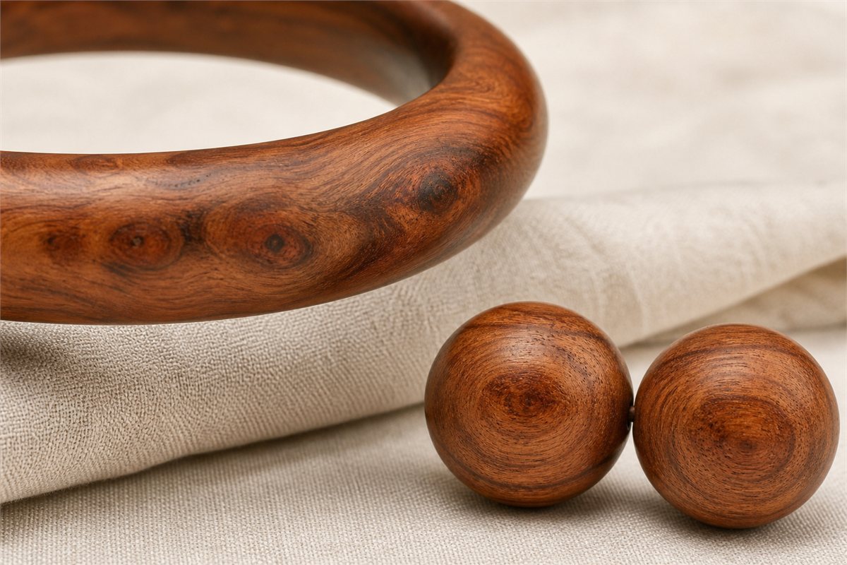 Macro view of natural knot swirls on a wooden bangle and balanced concentric grain on two round beads