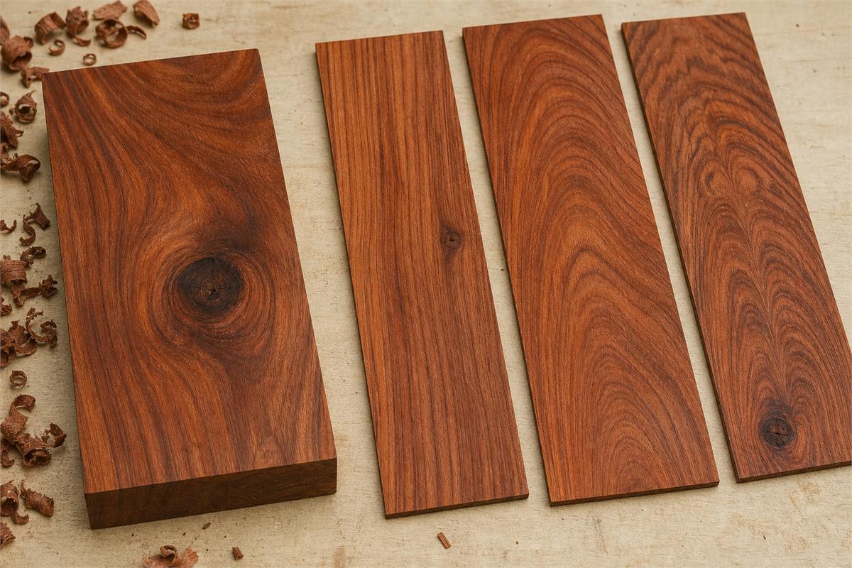 Figured reddish wood boards showing straight, arcing, and eye-like grain from different cuts