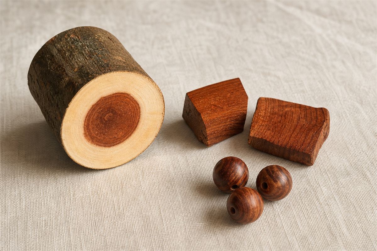 Wood cross-section with pale sapwood around reddish heartwood beside loose wooden beads