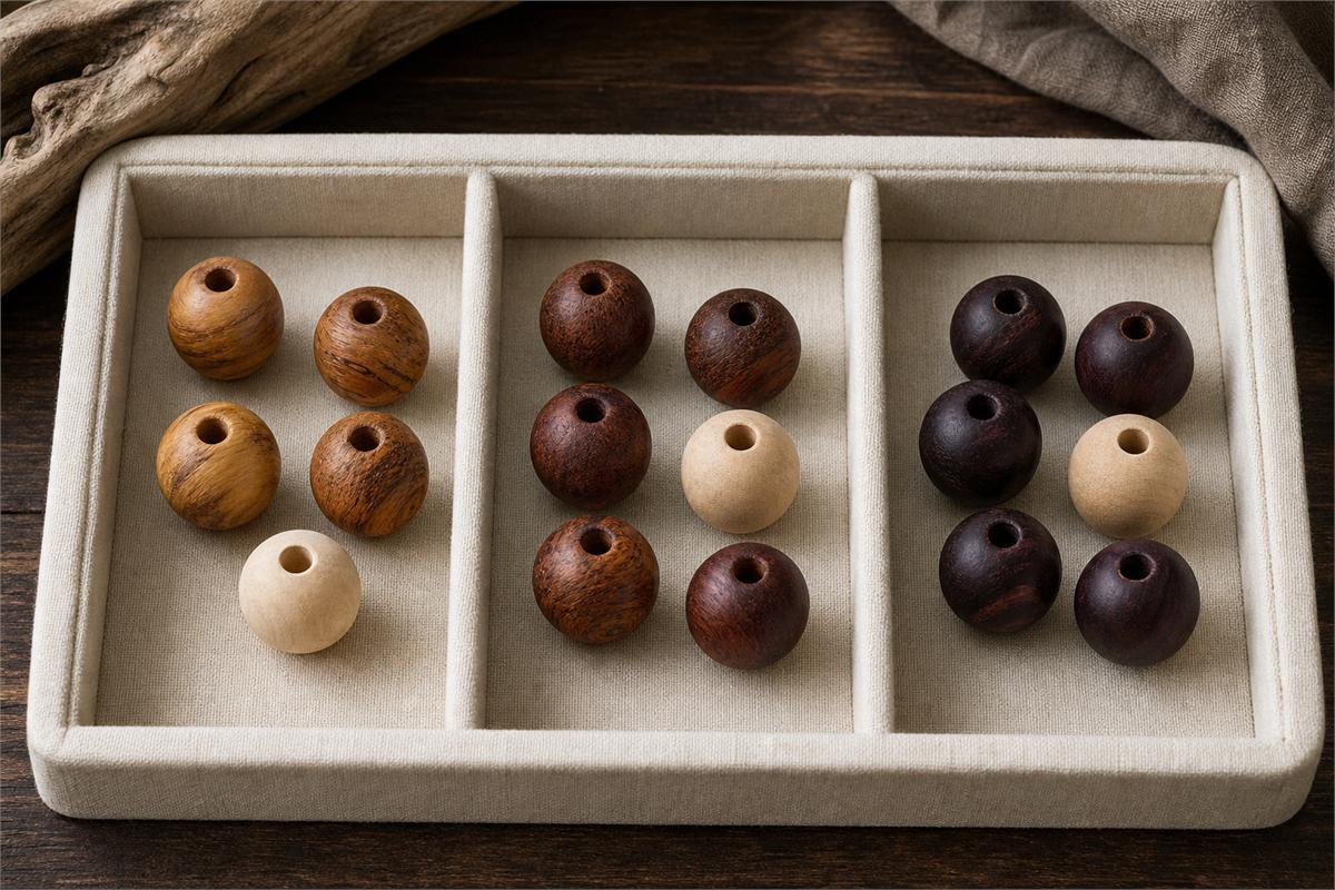 Three divided groups of honey brown, reddish brown, and purple brown wooden beads