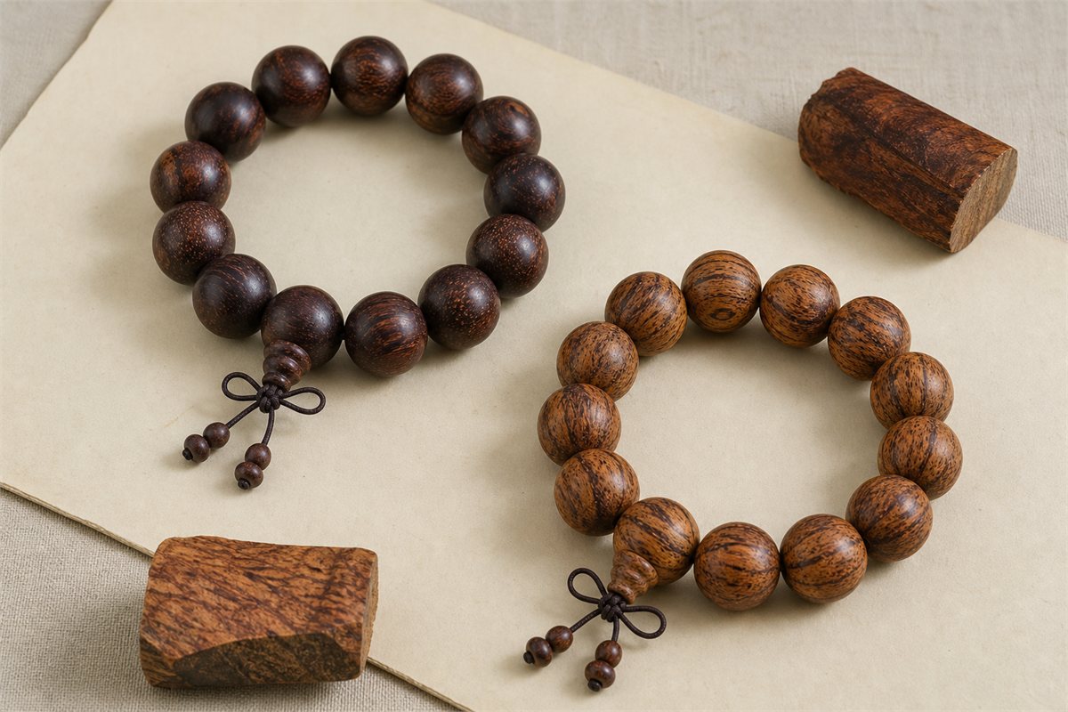 Dark reddish-brown and lighter golden-brown wood bracelets shown with matching wood samples