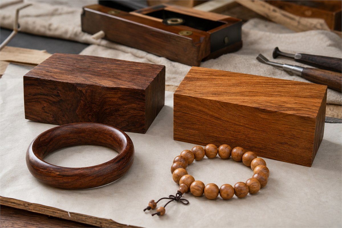 Dark seasoned-looking and lighter freshly worked wood samples beside a bangle and bead bracelet