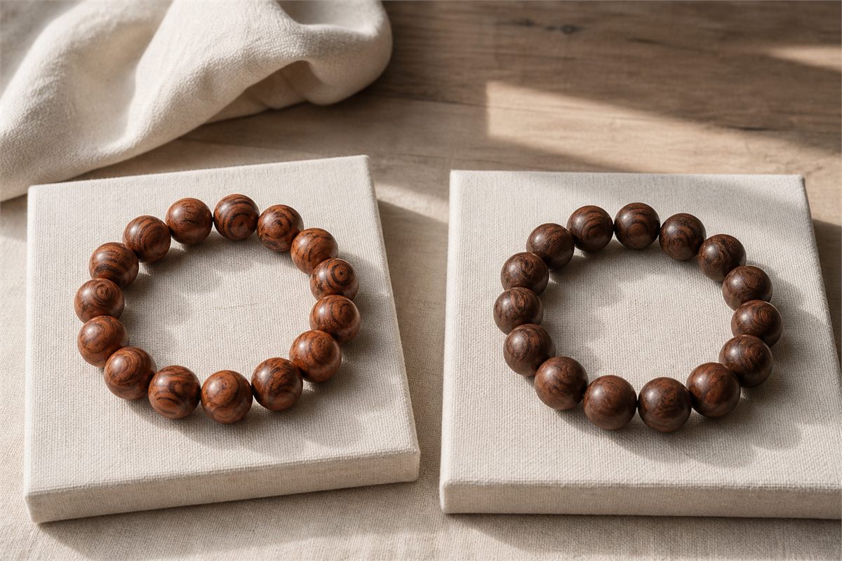 Two similar wood bead bracelets with a clean satin surface and a subtly deeper well-handled patina