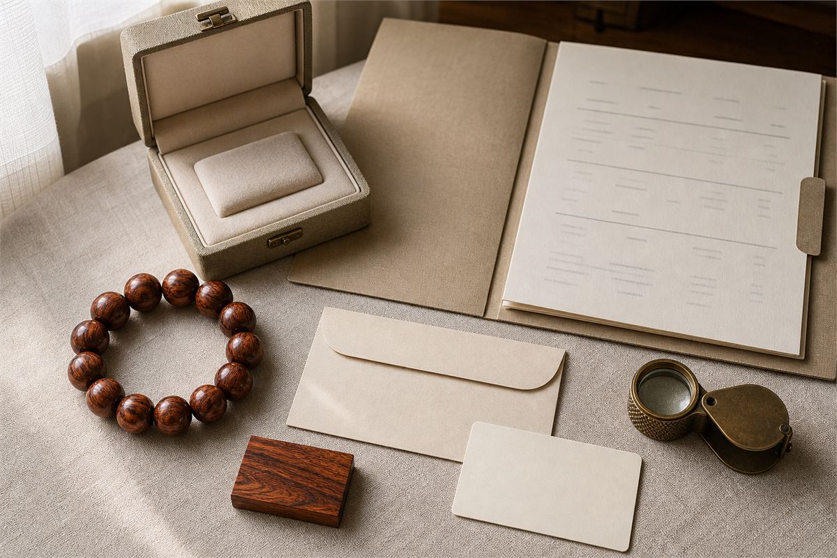 Wood bead bracelet with matching sample, plain invoice folder, return box, blank card, and inspection loupe
