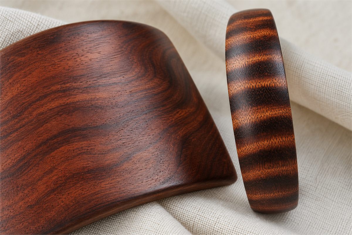 Macro view of flowing wave-like hardwood grain beside a bangle with alternating dark and light bands