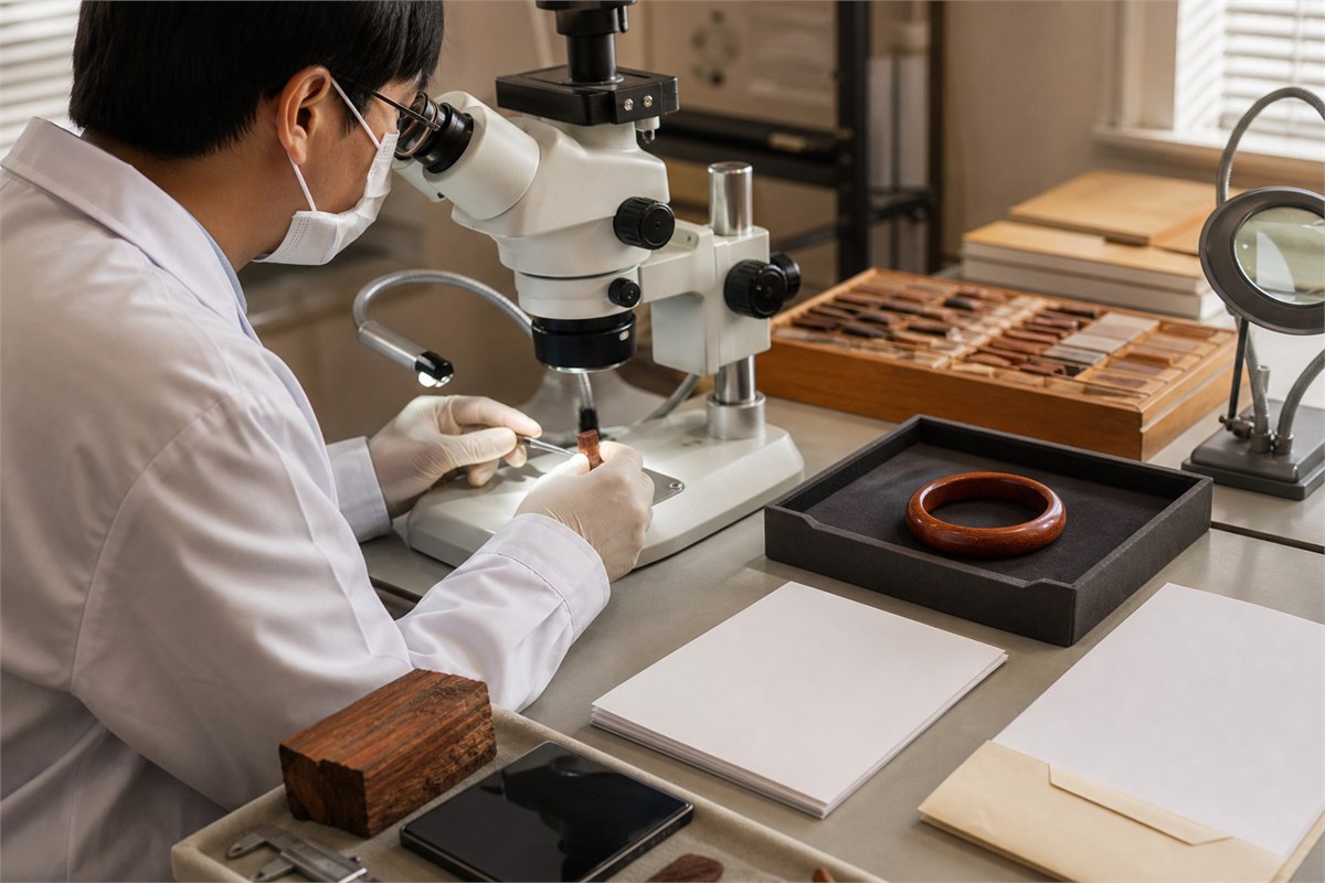 Gloved laboratory technician examining a small wood sample under a stereo microscope while a bangle remains in a tray