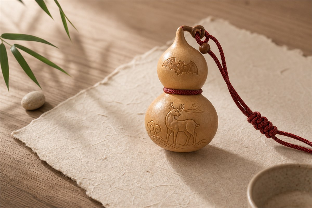 Carved hulu ornament with subtle bat and deer motifs on handmade paper