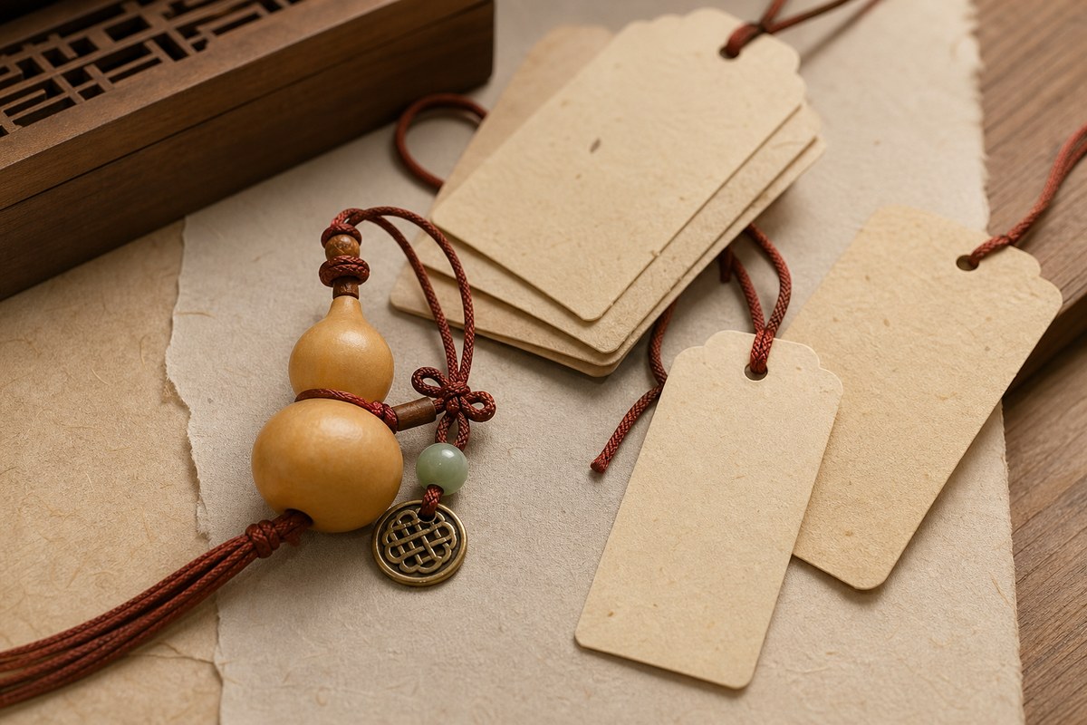 Hulu pendant beside blank handmade paper gift tags, red-brown cord knots, brass charm, and muted jade bead