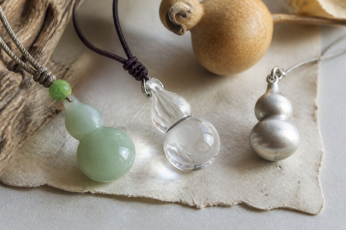 Close details of pale jade, clear crystal, brushed silver, and natural gourd hulu surfaces on parchment