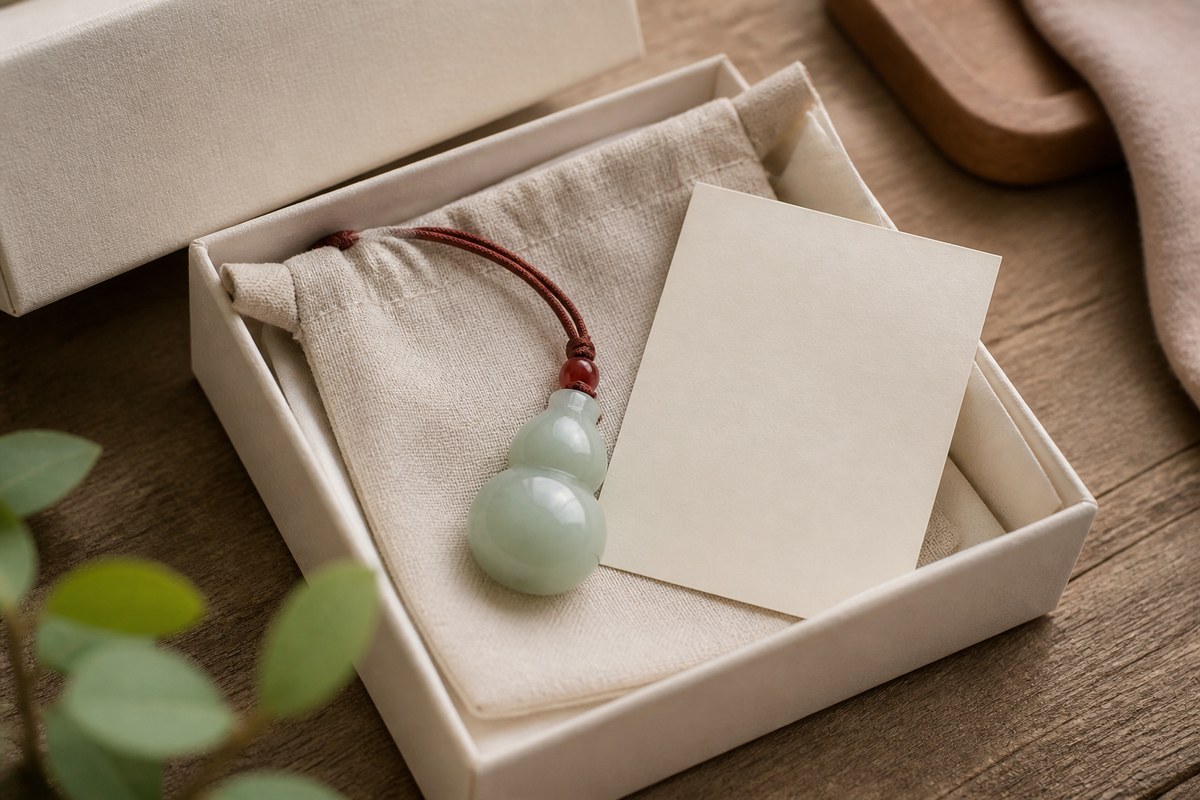Pale jade hulu pendant in a warm ivory paper gift box with linen pouch and red-brown cord