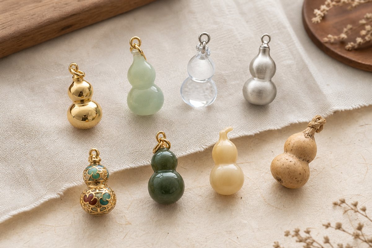 Hulu charms in soft gold, pale jade, clear crystal, brushed silver, enamel, and natural gourd on ivory linen