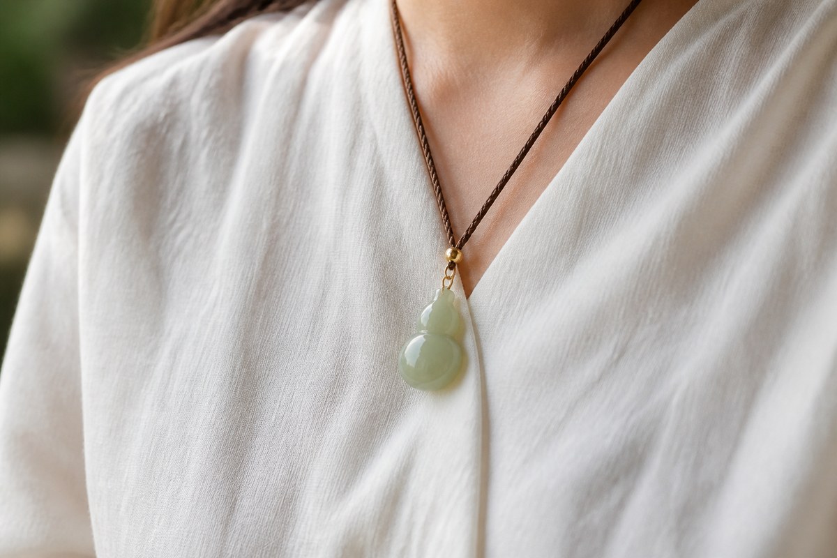 Small pale jade hulu pendant worn on a brown braided cord over soft white linen clothing