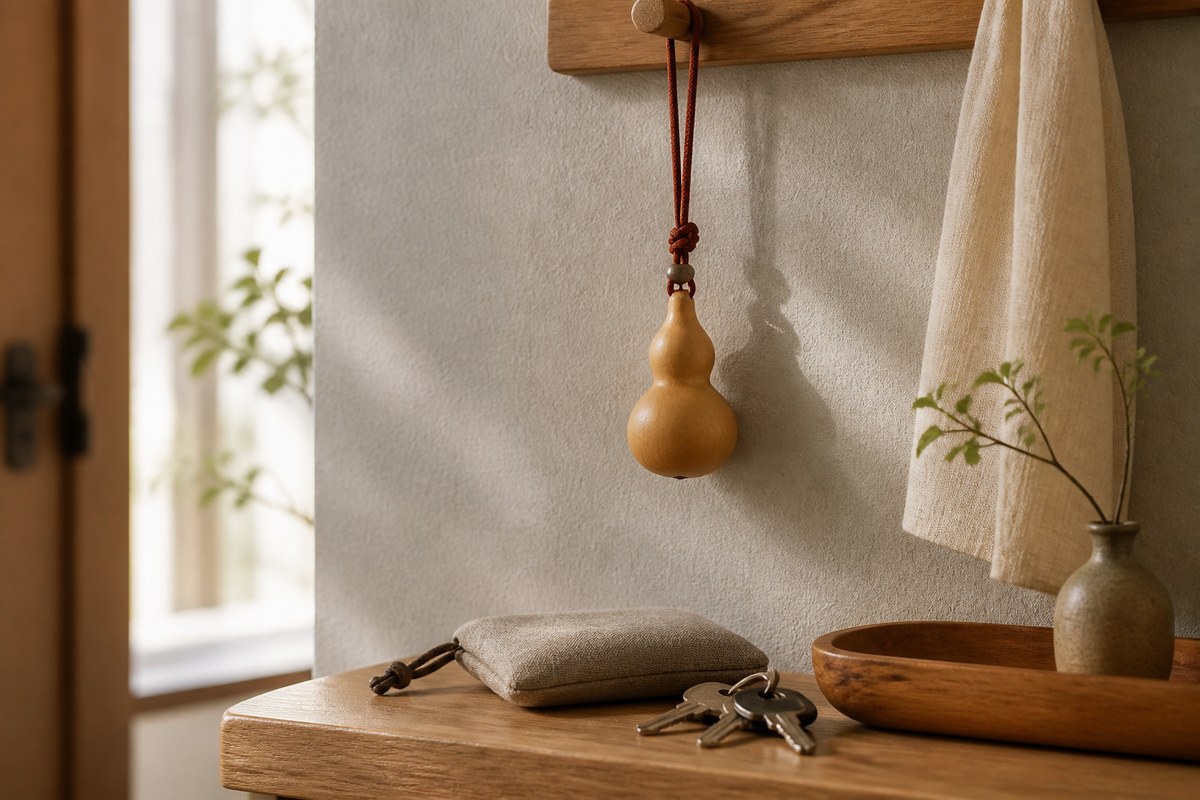 Small natural hulu charm with red-brown cord hanging near a wooden entry shelf in soft daylight
