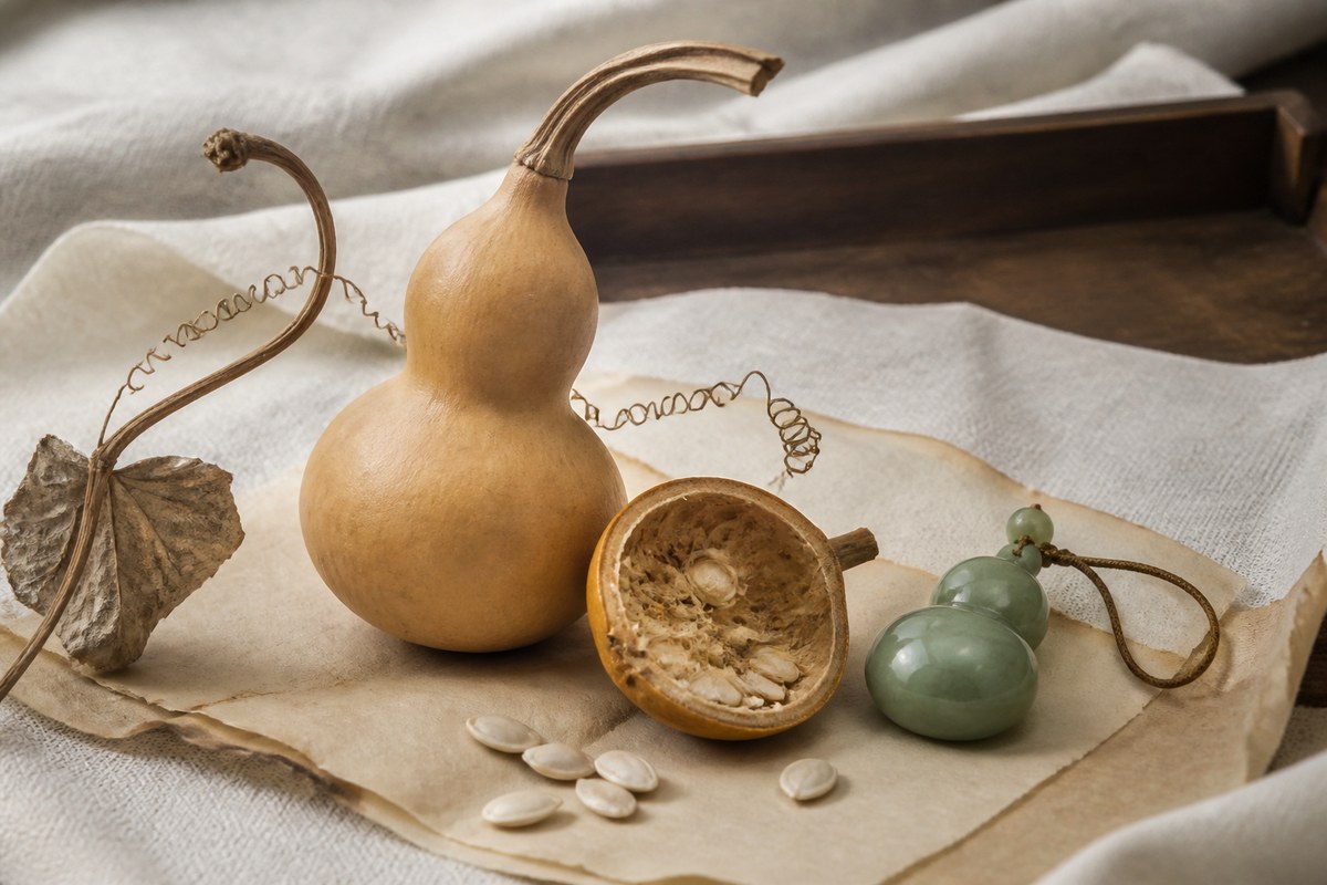 Double-bulb hulu gourd, visible seeds, curling vine tendril, and smooth jade hulu charm on ivory linen