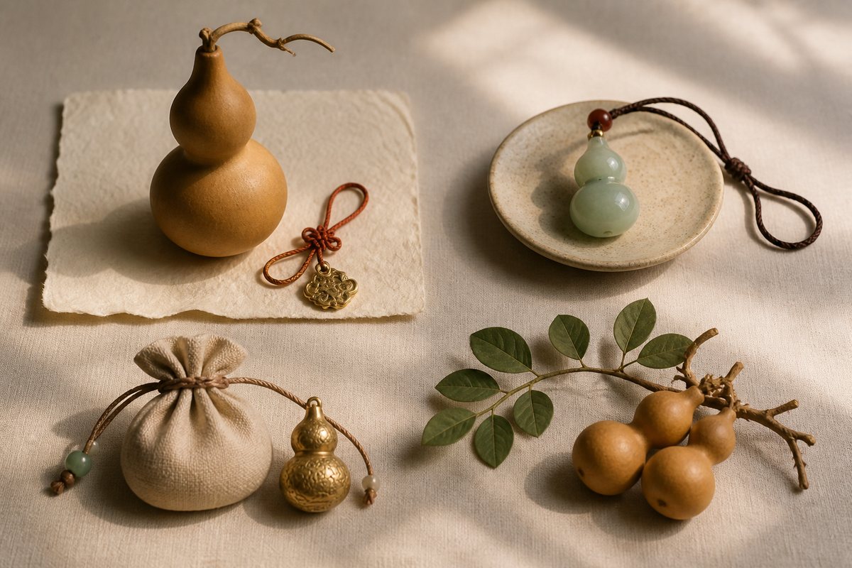 Natural hulu gourd, jade charm, red cord, and soft gold accent arranged as a hulu meaning overview