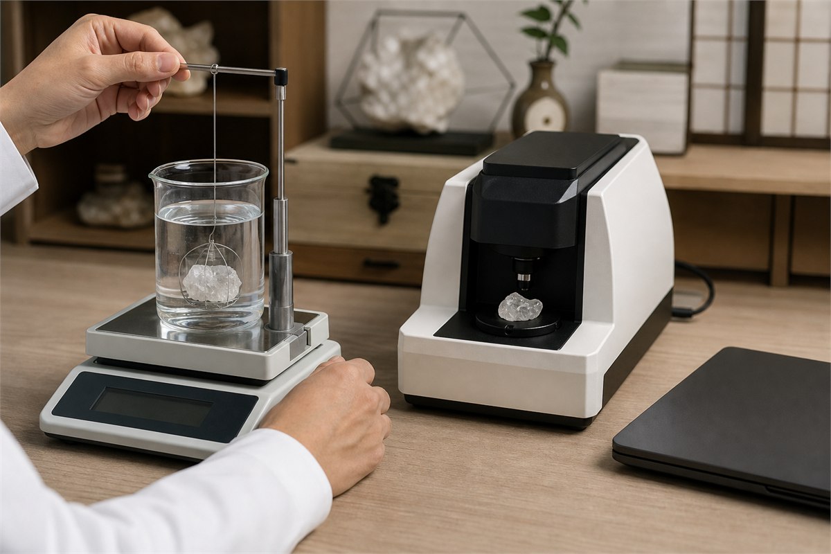 Gem laboratory workstation with hydrostatic weighing apparatus and a compact spectrometer examining quartz