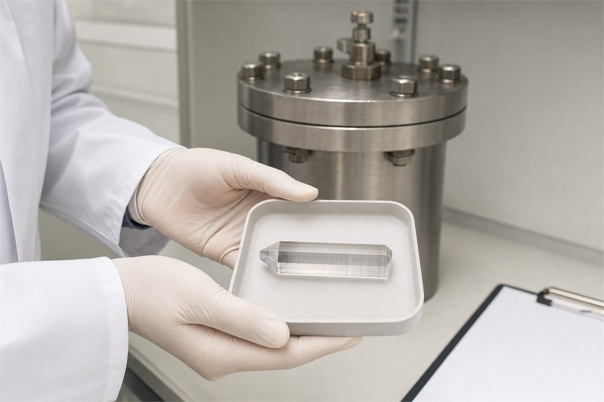 Technician handling a quartz sample beside a closed hydrothermal growth vessel in a clean mineral laboratory
