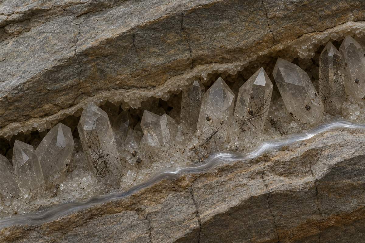 Cutaway mineral vein with quartz crystals enclosing fine rutile in fractured host rock