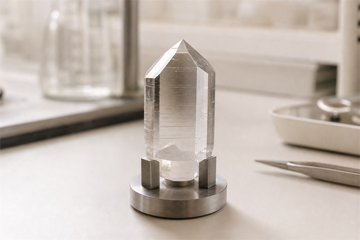 High-clarity hydrothermal synthetic quartz crystal with a subtle flat seed plate and parallel growth features