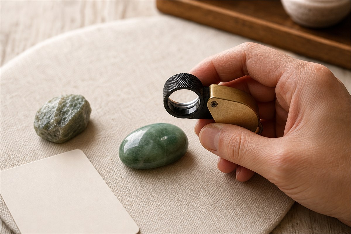 Hand using a jeweler's loupe to inspect a polished green stone beside a rough specimen and blank care card