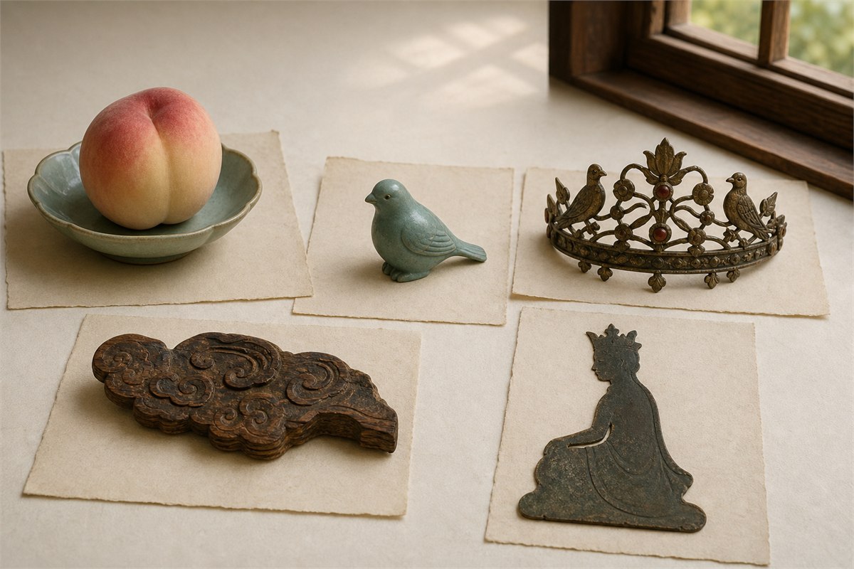 Separate study pieces show a peach, blue-green bird, bird-motif crown, cloud carving, and crowned female silhouette