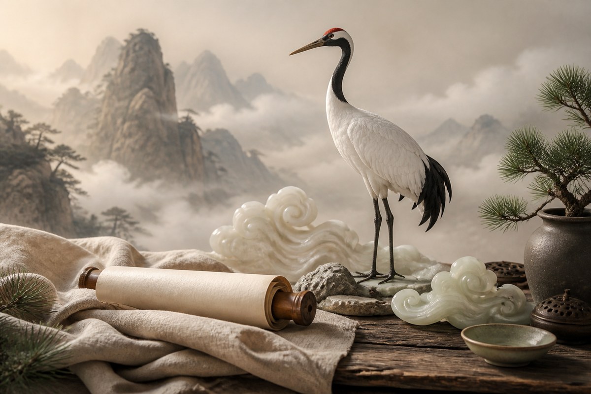 Immortal crane among clouds and mountains, evoking Xianhe (仙鹤) and Taoist transcendence