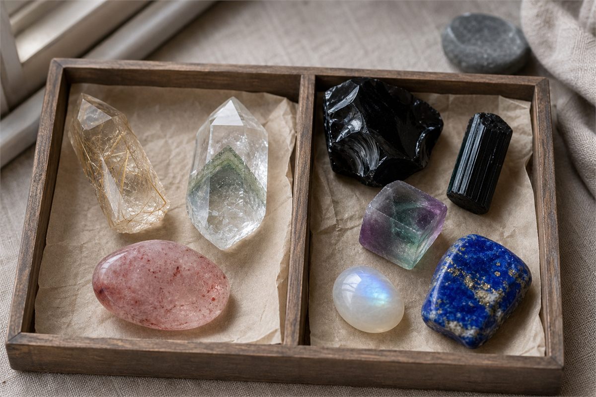 Included quartz specimens beside obsidian, tourmaline, fluorite, moonstone, and lapis lazuli samples