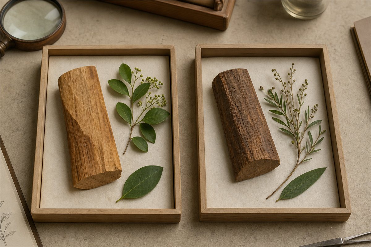 Two equal botanical specimen trays with different sandalwood wood and leaf samples
