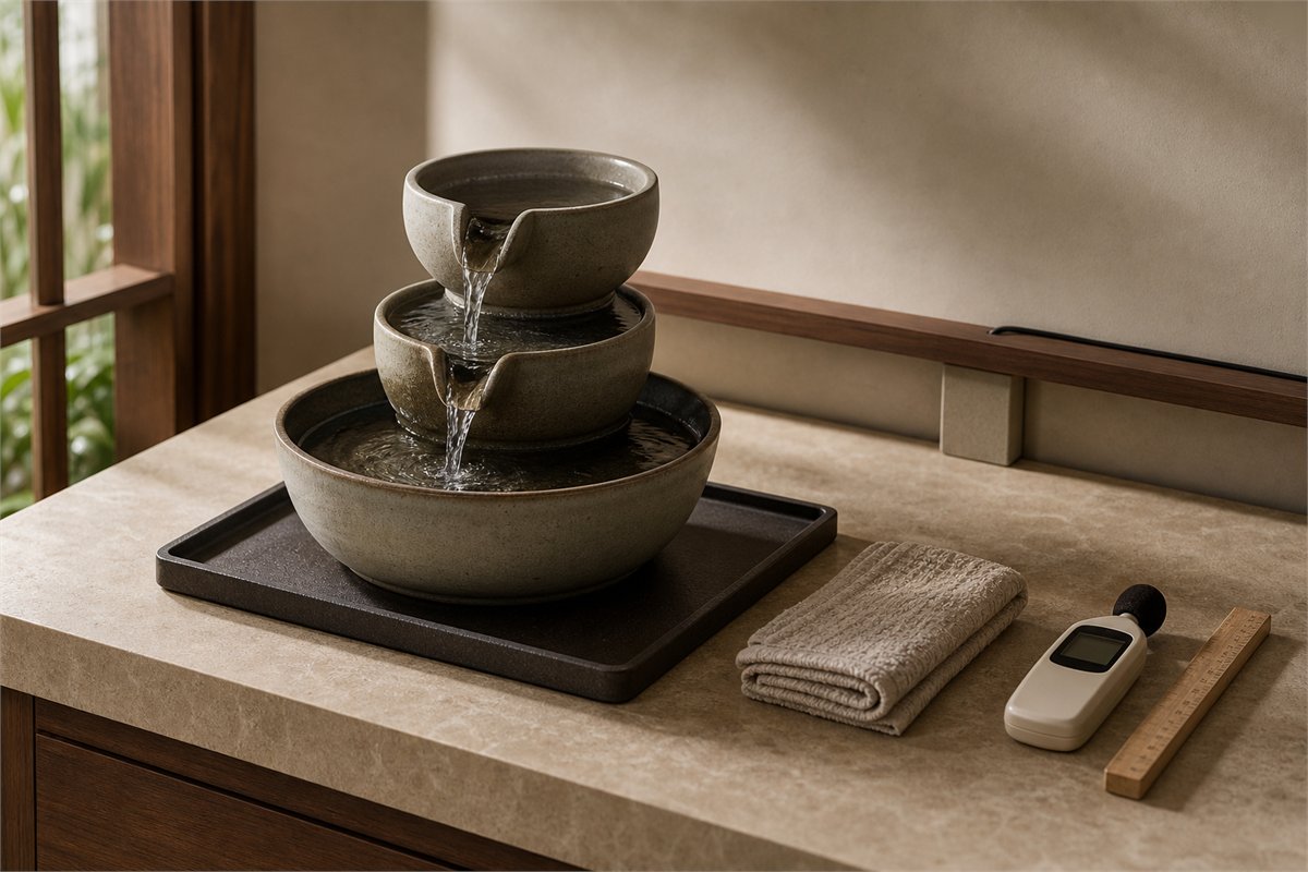 Two-flow ceramic fountain on a waterproof tray with dry routed power cord