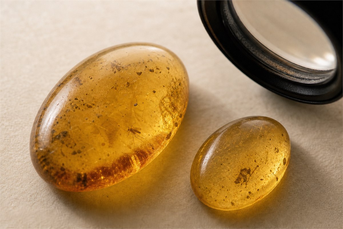 Two amber cabochons with a tiny insect and a small plant fragment under a loupe.