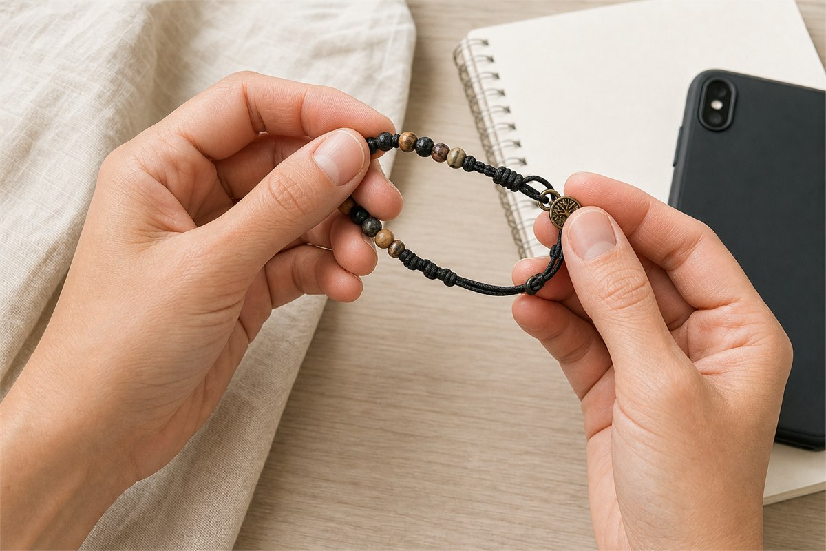 Adult hands checking bead holes braided cord knot and pendant loop before wearing a bracelet