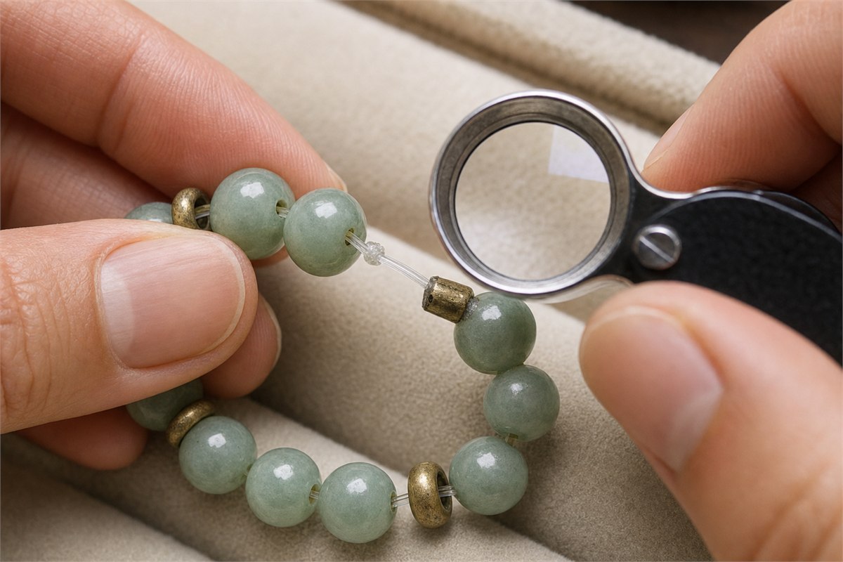 Macro view of green bracelet beads, transparent elastic knot, brass spacers, bead holes, and loupe held by two hands