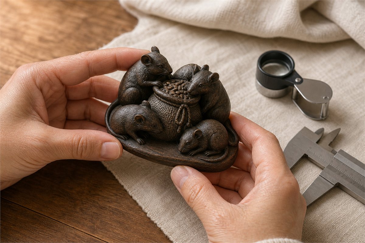 Hands inspecting a wood carving with exactly five complete rat figures
