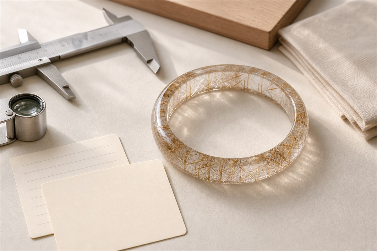 Rutilated quartz bangle with a caliper, loupe, soft cloth, and blank inspection cards in daylight