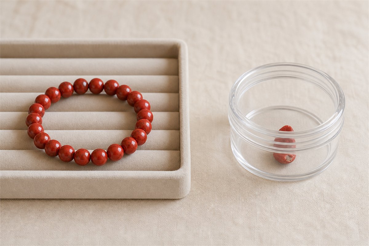 Intact red bracelet in a jewelry tray beside a chipped bead isolated in a clear container
