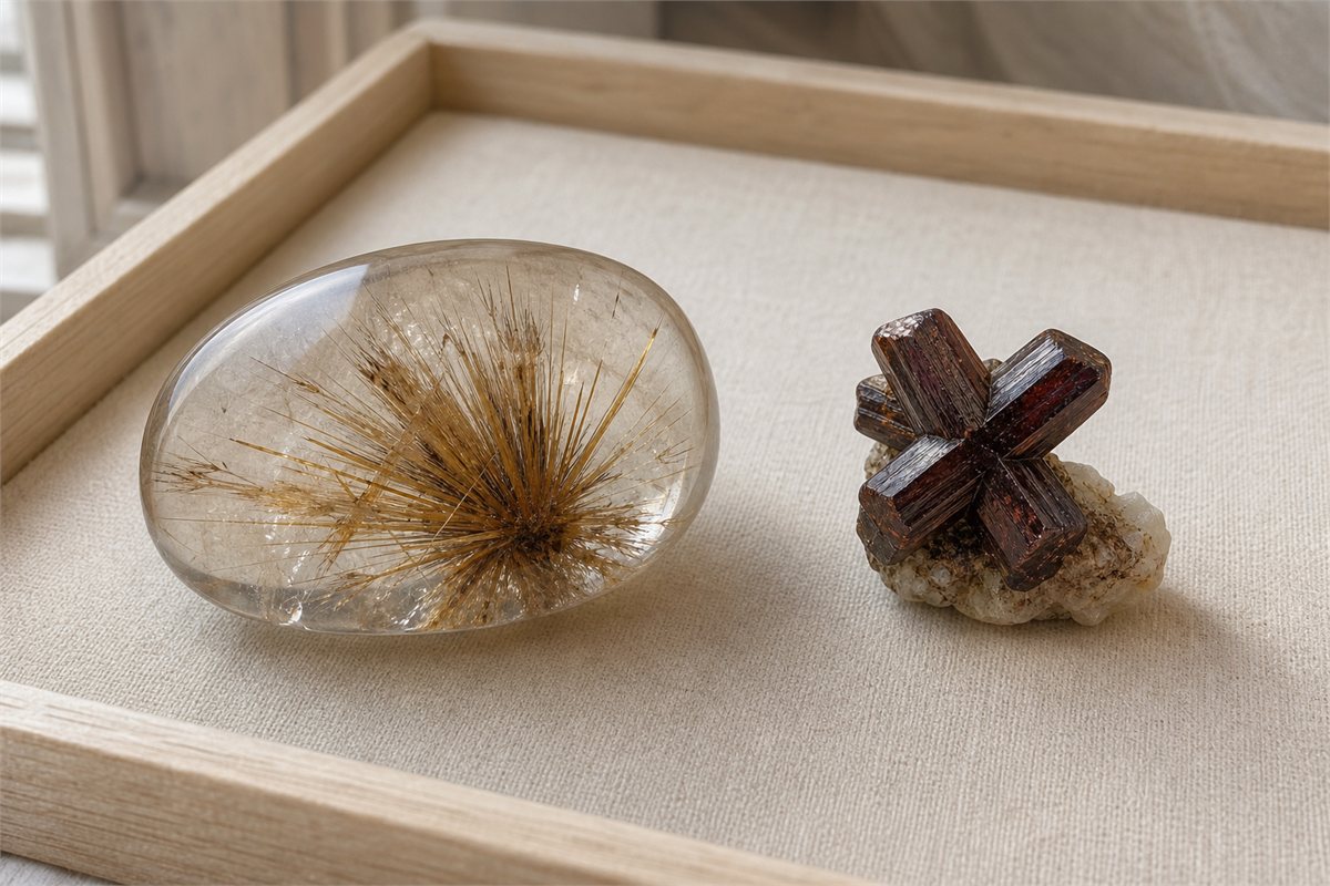 Radiating rutile spray enclosed in a quartz cabochon beside a separate dark rutile twin specimen on matrix