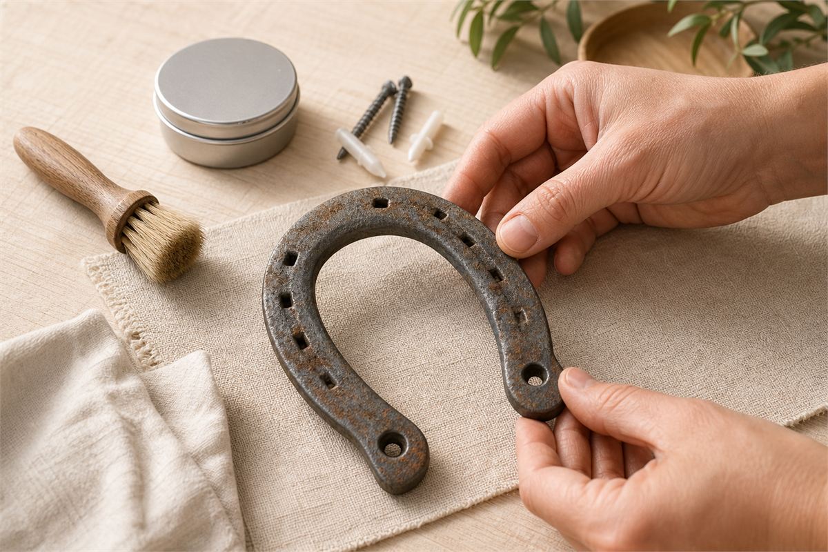Hands inspecting light rust and mounting holes on an old iron horseshoe with a soft brush and wax