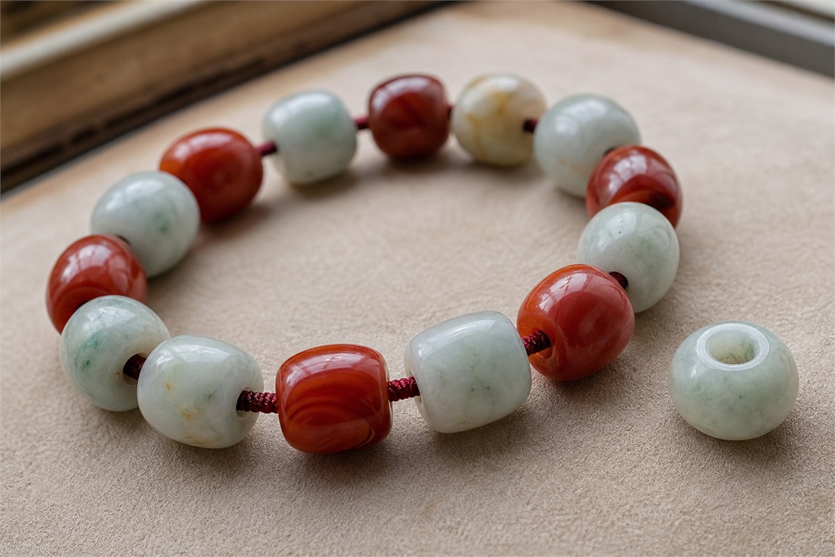 Pale jade and red agate bracelet beads with visible smooth drill holes and red cord