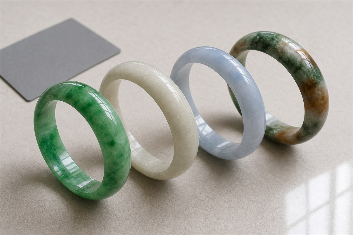 Four bangles with different color, translucency, luster, and texture.