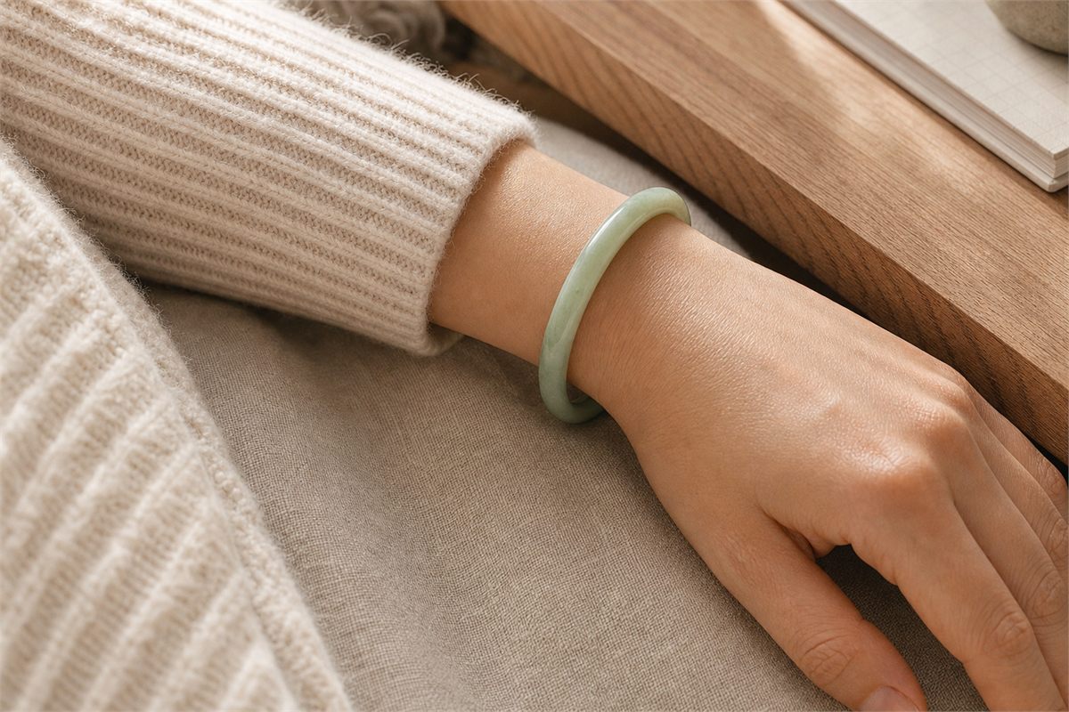 A single pale green jade bangle resting comfortably on a woman's wrist.