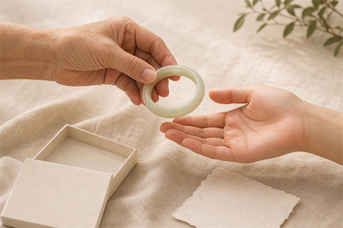 An older hand passes a pale nephrite bangle to a younger open hand.