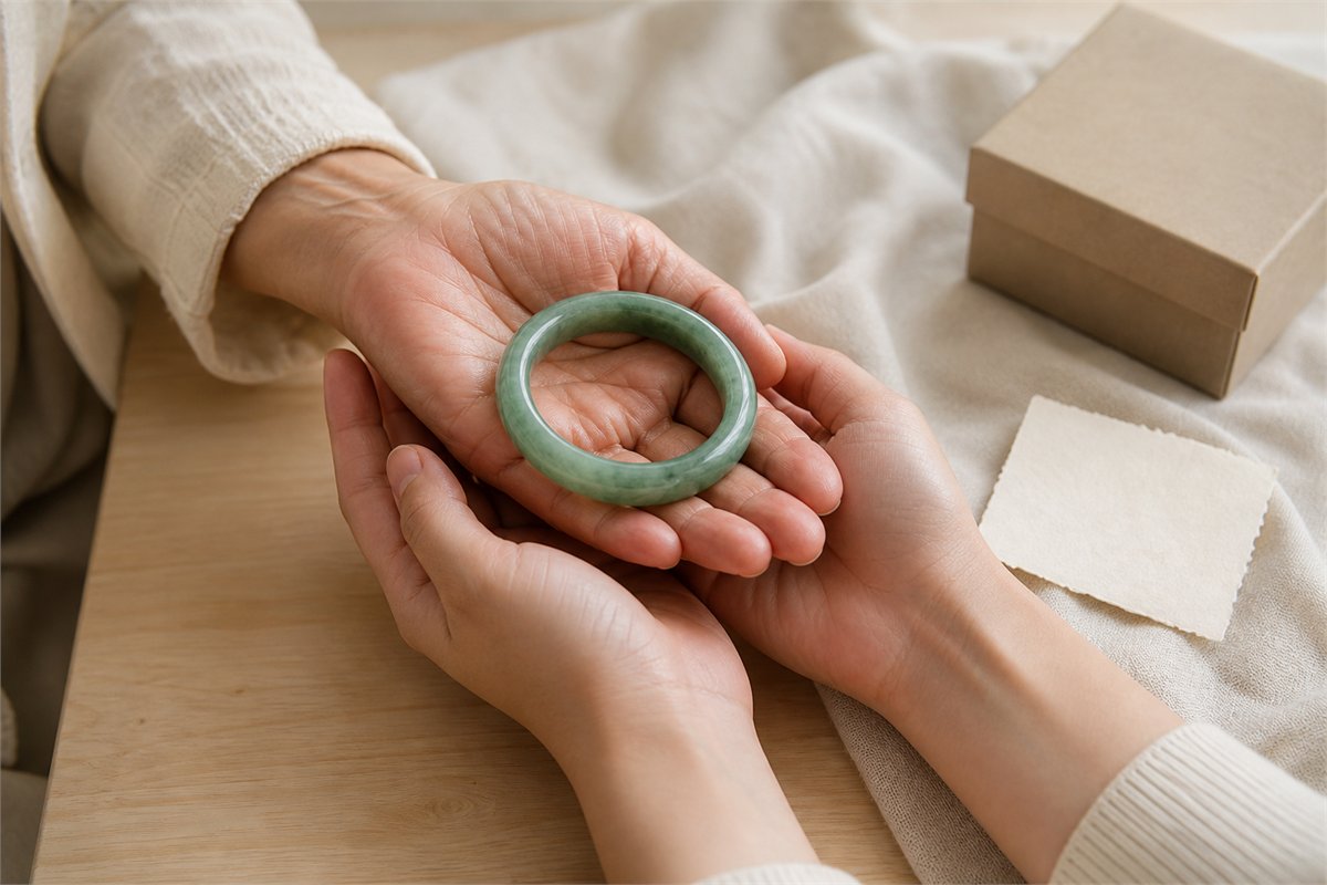 Older and younger hands gently holding a green jade bangle together