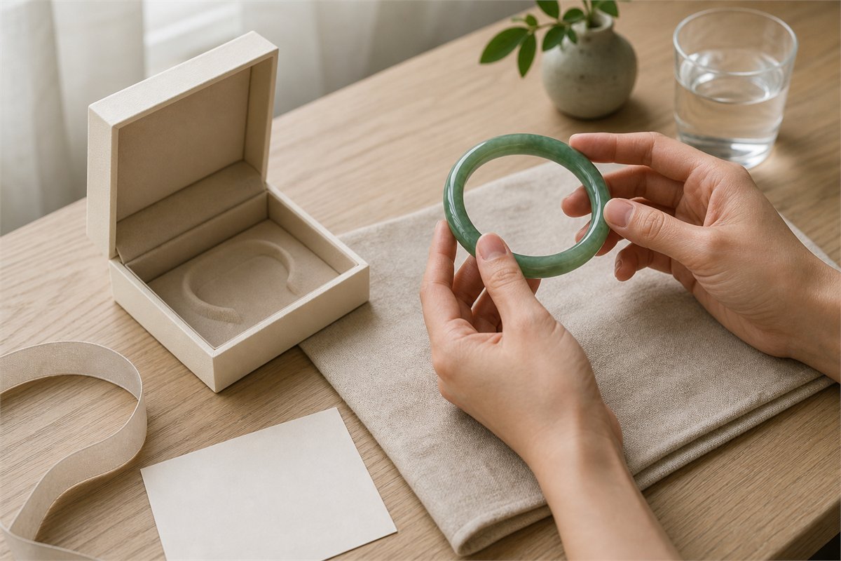 Hands checking a green jade bangle beside a gift box, measuring ribbon, and blank return card