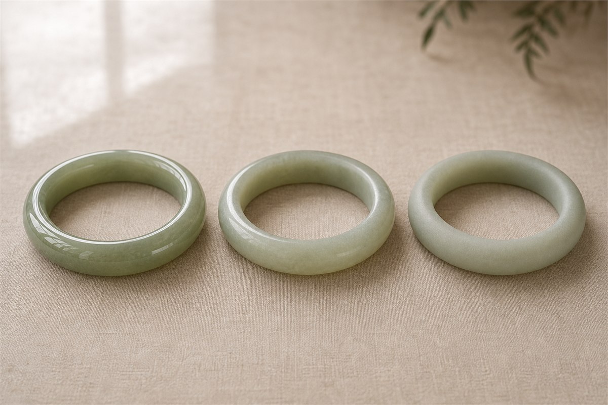 Three similar green bangles with high, soft, and matte finishes.